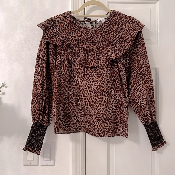 Topshop Tops - Topshop Leopard Print Ruffle Poplin Top Brown